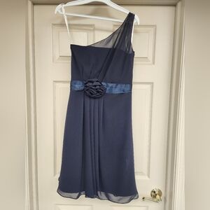 Alexia Designs Navy One-Shoulder Dress with Satin Waist Rosette